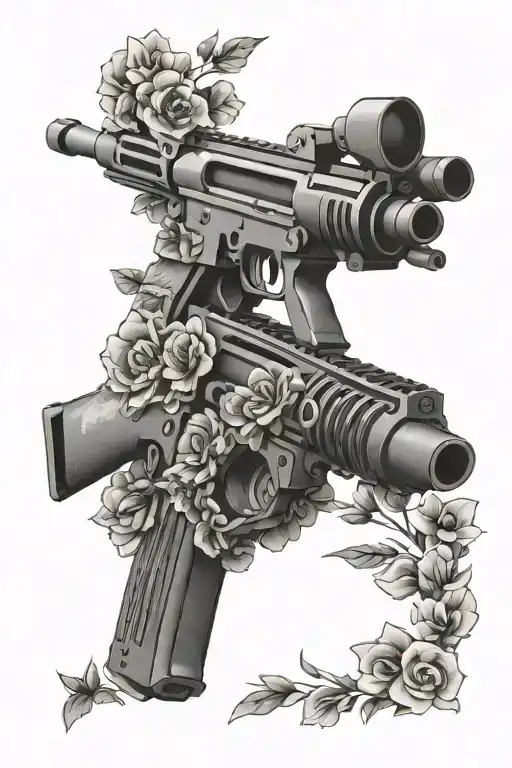 Machine Gun Wrapped With Flowers Mountains As Background