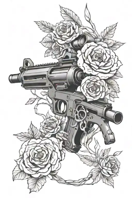 Machine Gun Wrapped With Dead Flowers Mountains As Background