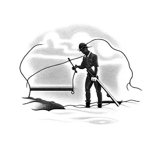 A Silhouette Of An Electrician Working On A Power Line With A Flowing River In The Background