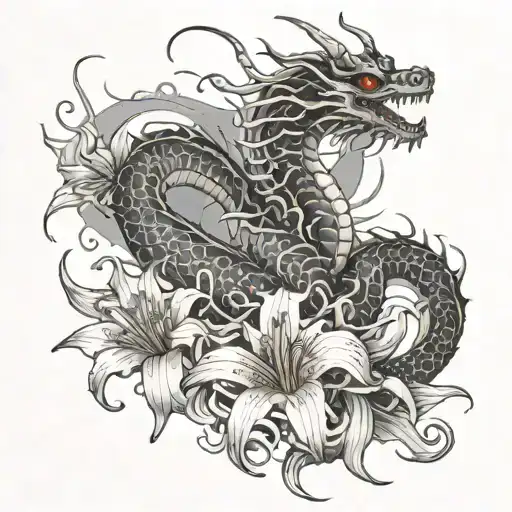 Japanease Dragon Wrapping Around A Spider Lily Flower