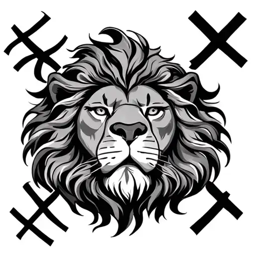 Detailed Lion Face And 3 Cross Intertwined