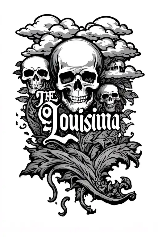 The Word Louisiana With Clouds And Skulls Around It