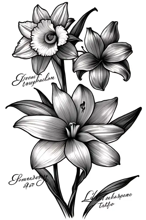 Daffodil And Lily With Names Attached In Cursive Fine Line
