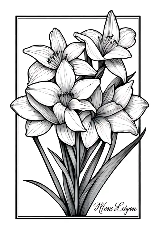 Daffodil And Lily With Names Attached To Stems In Cursive Fine Line