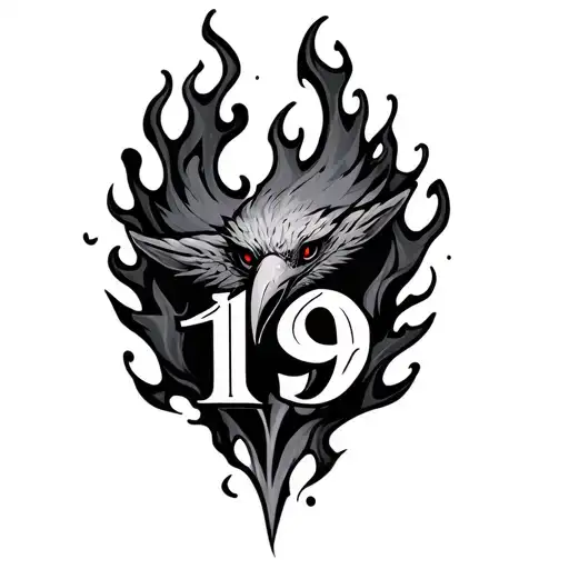 Araba Fuice Of Fire With Number 19 In Roman Numerals And Beak Open