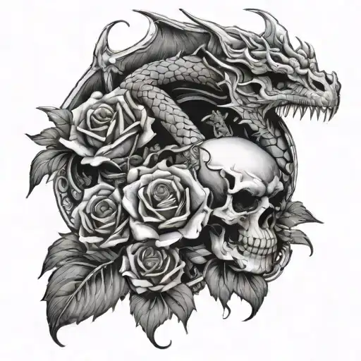 Dragon Holding A Skull And Roses With A Spider