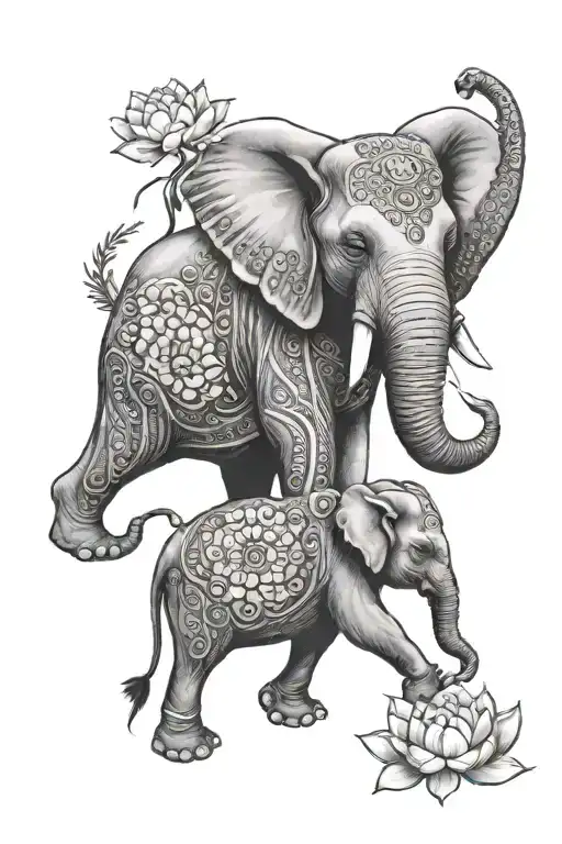 Elephant And Lotus Flower Intertwined