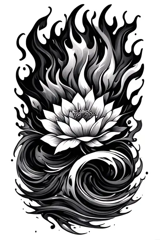 Fire And Water Floral With Waves And Flames
