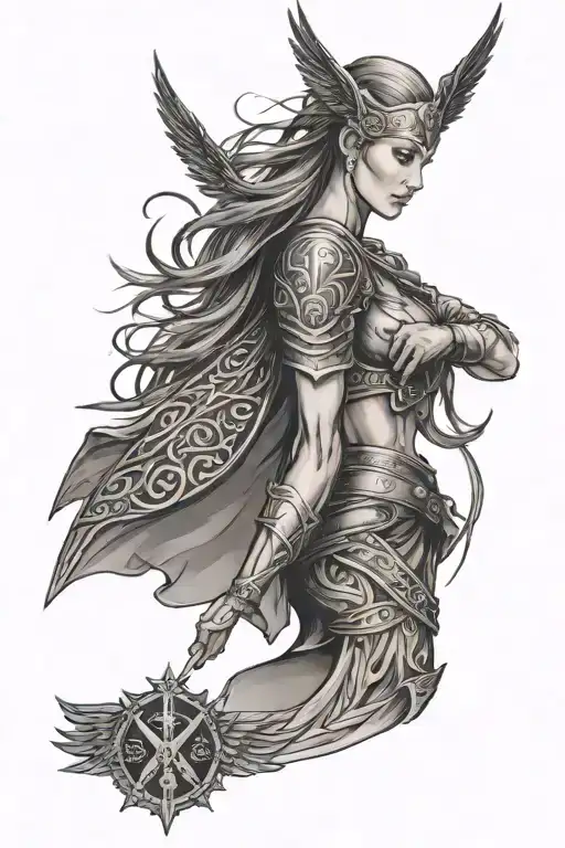 Valkyrie On The Forearm With Runes In Old Russian And Raven