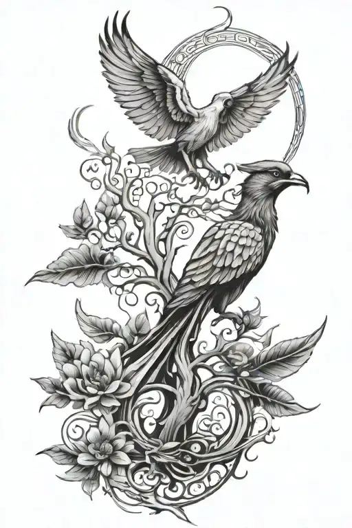 Tree Of Life In Background And Phoenix Bird