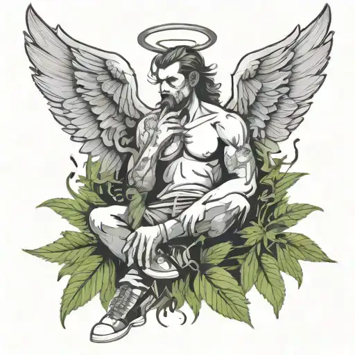 Bad Boy Angel Sitting In Weed Leaves Rolling Joint Blowing Smoke Clouds