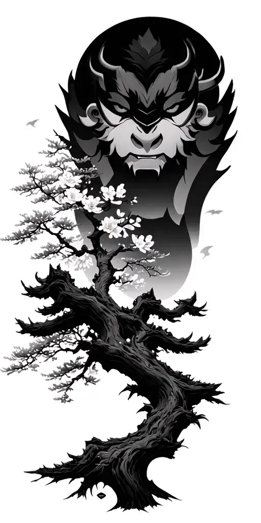 Japanese Garden With Cherry Blossom Trees And An Oni In The Background