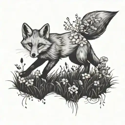 A Sketch Of A Fox Running Through A Field Of Flowers Under The Night Sky