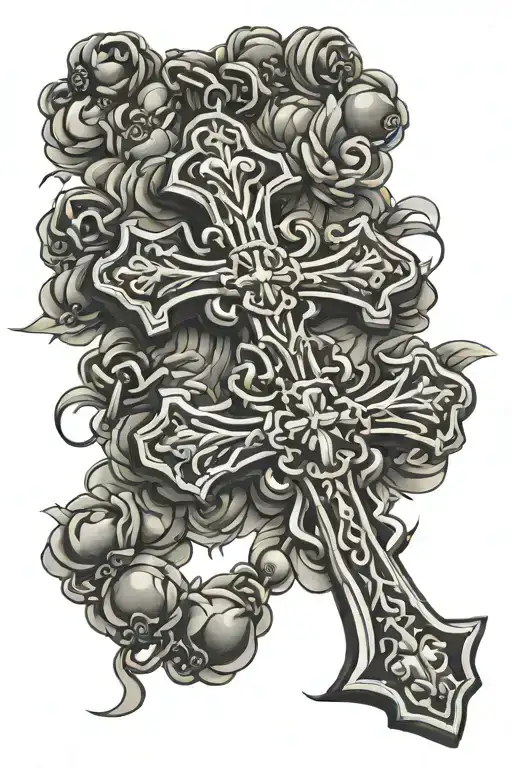Christian Cross Flowers Rosary Beads Intertwined