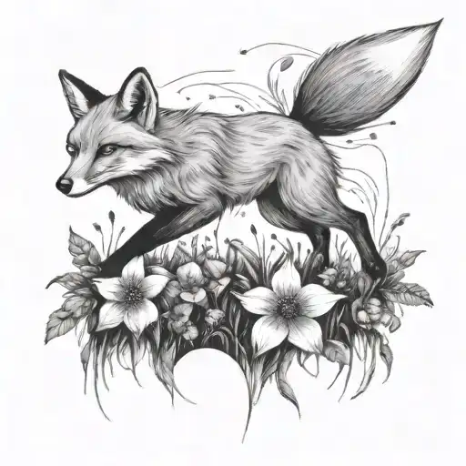 A Sketch Of A Fox Running Through A Field Of Flowers Under The Night Sky
