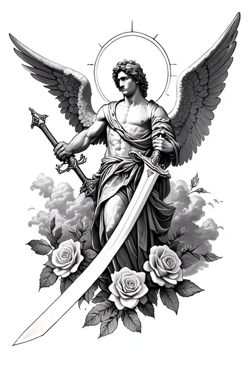 Archangel Michael Holding Sword Surrounded By Clouds And Roses And A Halo And Having Wings