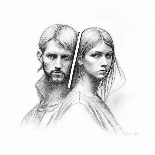 A Black And Grey Portrait Of Two Angles Looking Over The Cross