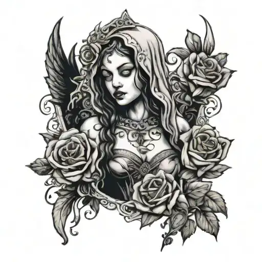 Gothic Female Statue With Fabric And Roses