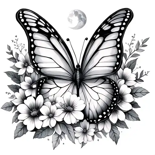 Butterfly With Moon And Flowers
