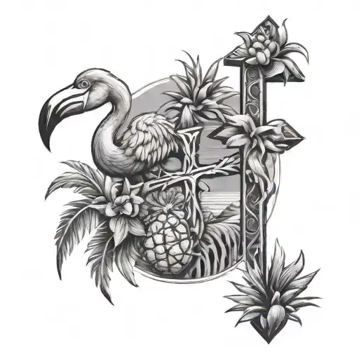 A Cross Made Of Pineapples And Flamingos On A Beach Background