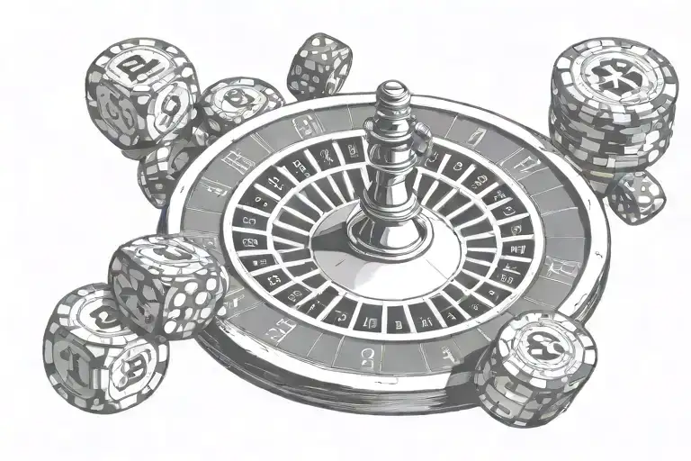 Roulette Wheel With Ball In Number 13 With Casino Chips And Dice
