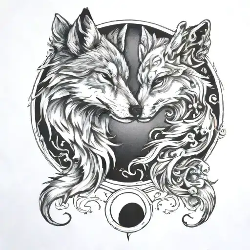 A Tattoo Of A Wolf And Fox Facing Each Other In A Yin And Yang Formation
