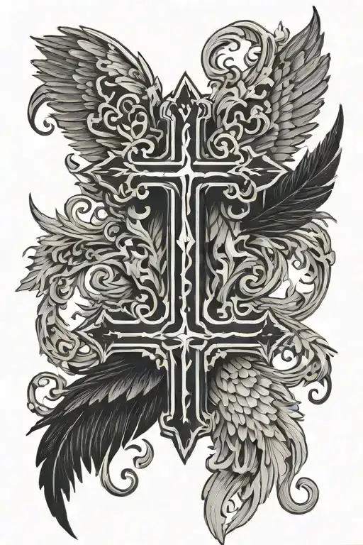 Upside Down Cross With 6 Black Feathered Wings Spreading