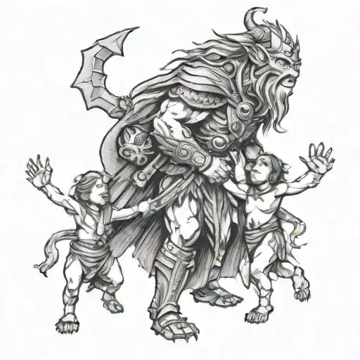 Norseman Protecting Wife And 4 Children Holding Hands