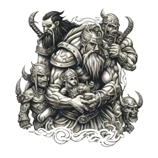 Berserker Protecting Wife And 4 Children Holding Hands