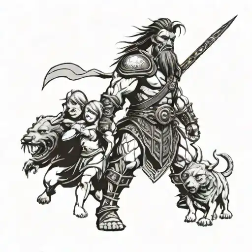 Berserker Protecting Wife And 4 Children