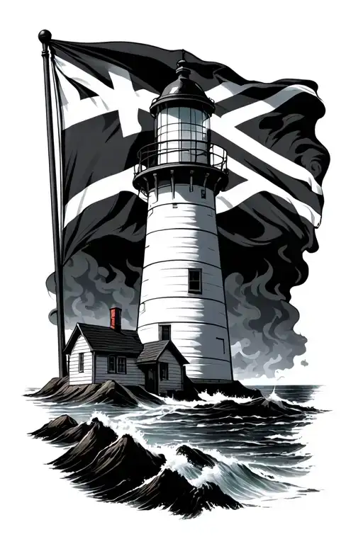 Light House In A Storm With The Nova Scotia Flag Behind The Light House