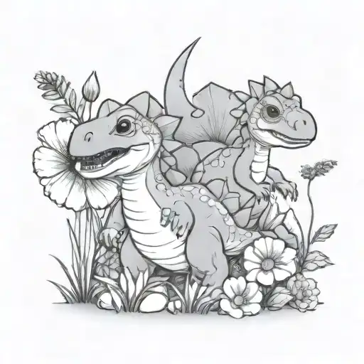 Cute Baby Dinosaurs On Flower Beds