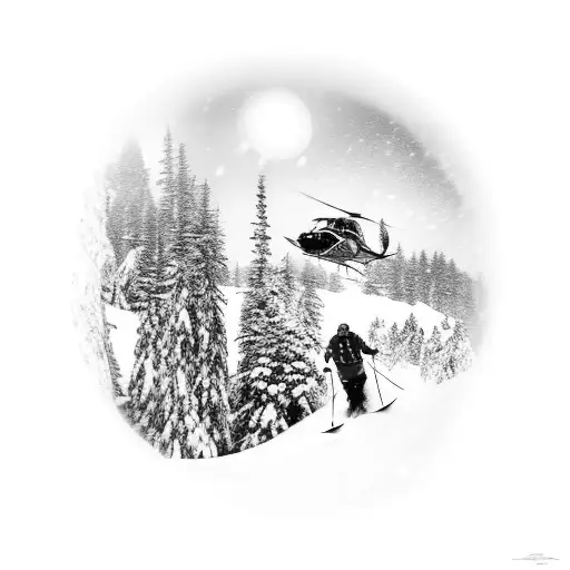 A Skier Carving Down A Snowy Mountain With A Helicopter Flying Overhead