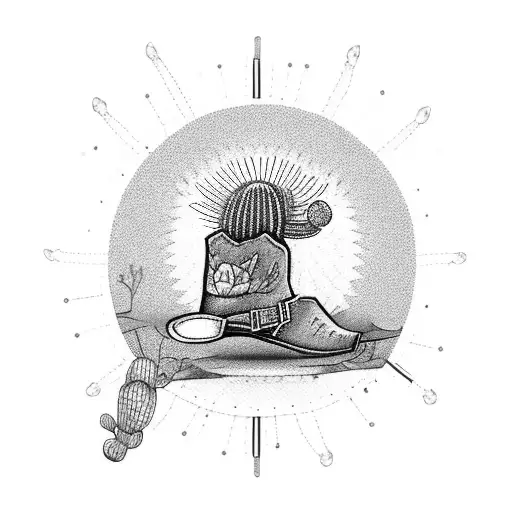 Saguaro Cactus With Rising Sun And Skeleton With Cowboy Boots And Hat Leaning Against Cactus