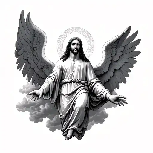 Jesus Christ And Angel In Clouds Inside