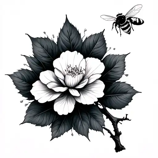 Sakura Branch With One Bee Flying