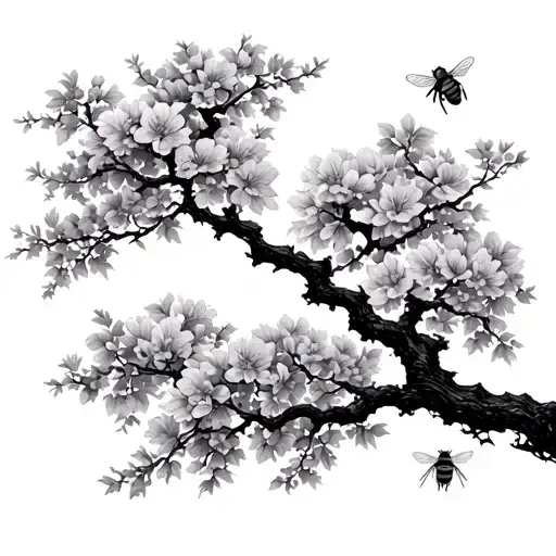 Sakura Tree With One Bee Flying