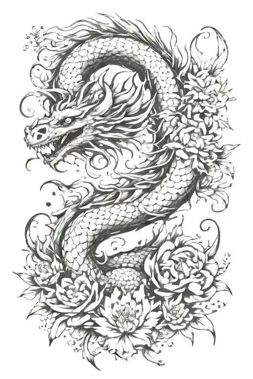 Dragon With Asters Flowers Around It With A Virgo Vibe To It