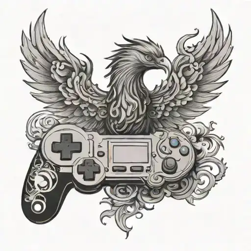 An Intricate Black And Grey Design Of A Phoenix Rising From A Video Game Controller