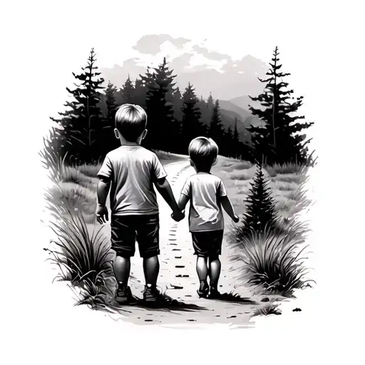 Dirt Road With Two Children Boys Holding Hands