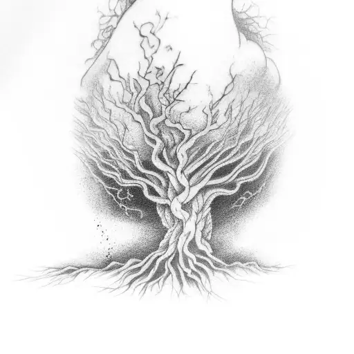A Forearm Tattoo Of A Tree With Big Roots And A Tornado In The Background