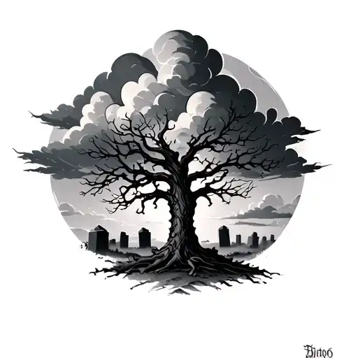 Tree And Grave Yard With Storm Clouds Floating