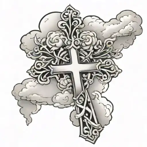 Cross With Clouds That Say My Mothers Keeper Tattoo Black