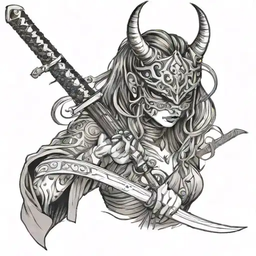 A Girl In A Mask With A Katana Among Demons