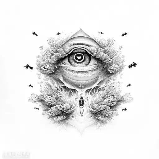 A Psychedelic Mushroom With Eyes And Bees Buzzing Around It