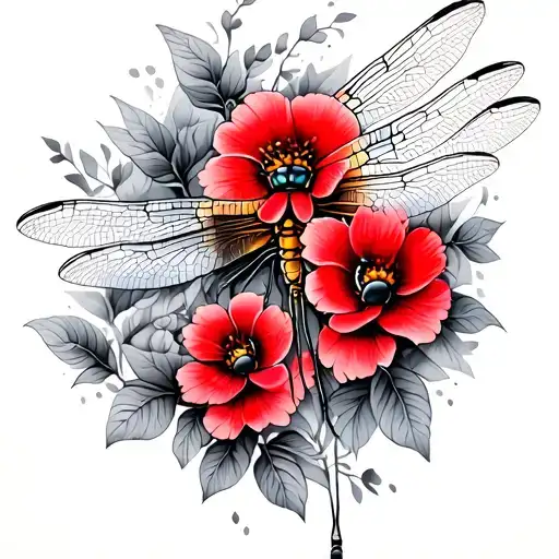 Dragonfly And Red Flowers