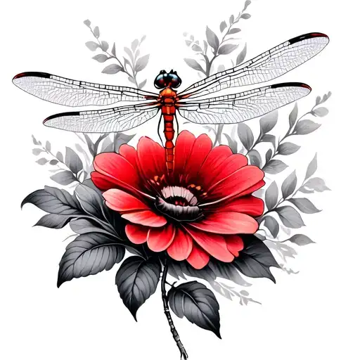 Dragonfly And Red Flowers Coming