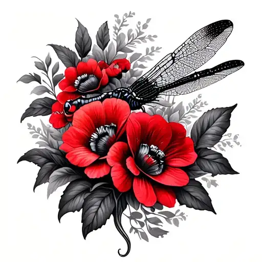 Dragonfly And Red Flowers Coming Together To Make