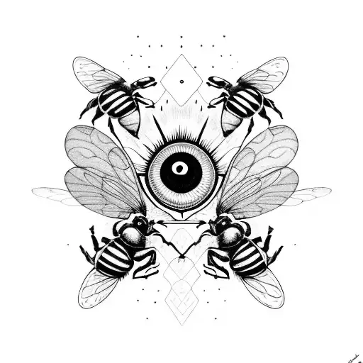 A Psychedelic Mushroom With Eyes And Bees Buzzing Around It