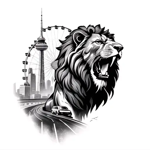 Roaring Lion And Cn Tower And Montreal Ferris Wheel And Road